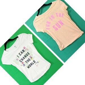 LOT OF 2 short sleeve graphic pullover tees kids girls L 10 12 positive earth